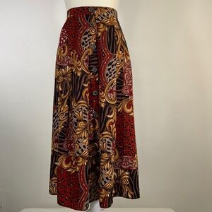 Vintage Multicolor Floral Animal Filigree Print Button-Down Midi Swing Skirt